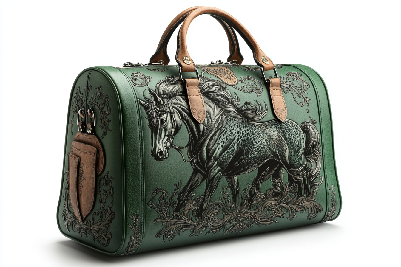 Design green travel bag with horse imprint using Pantone.