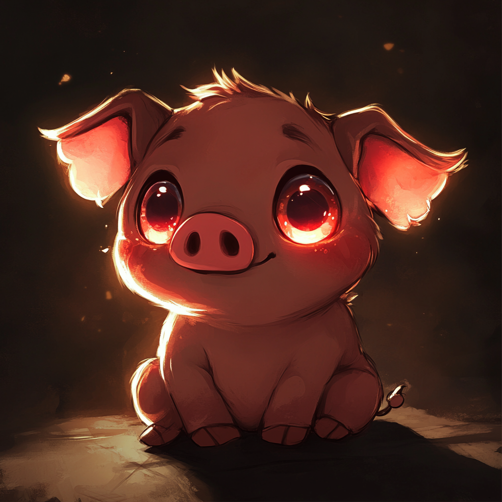 Design happy, chibi-style anime pig with glowing eyes.