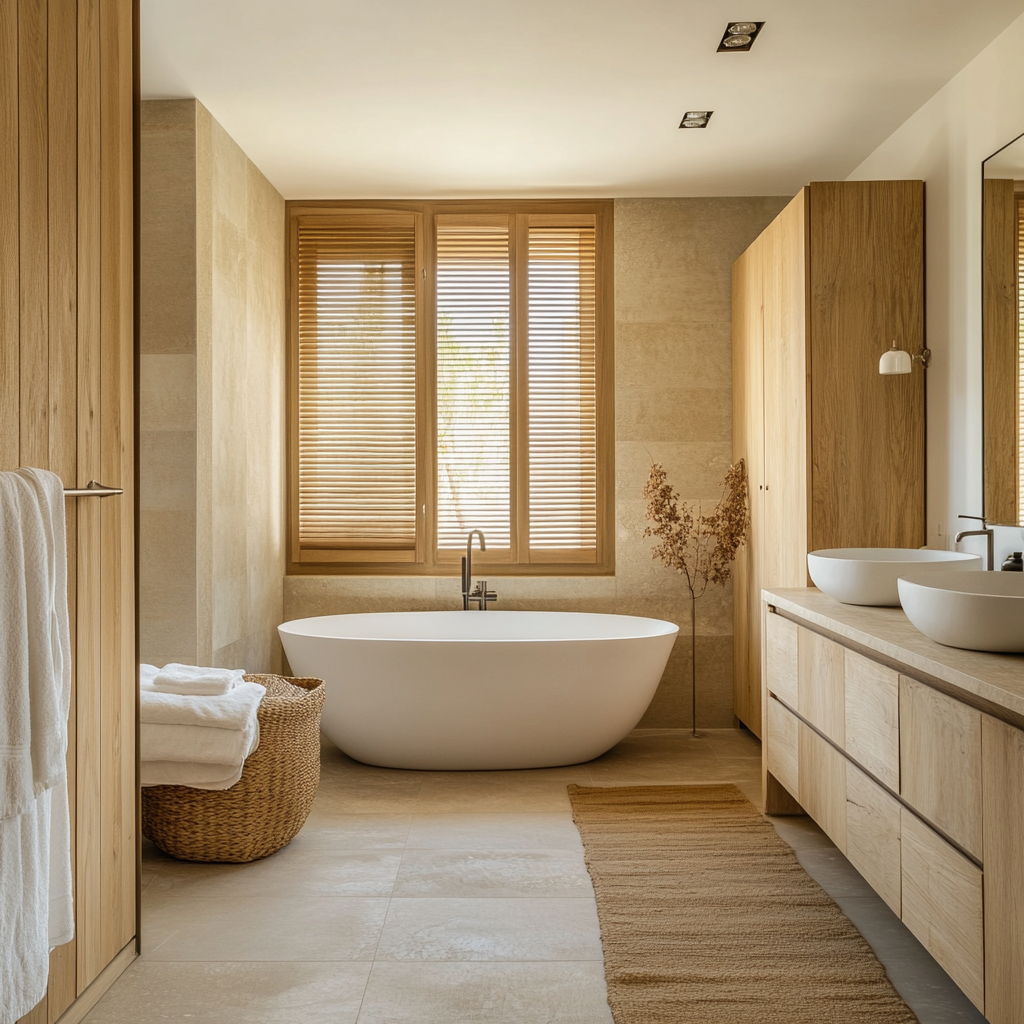 Design in Israel using natural, bright materials for master bedroom and bathroom.