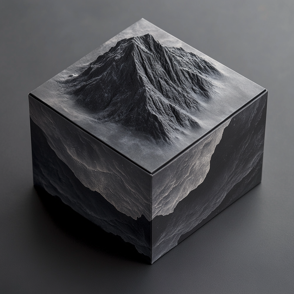 Design minimalist product box with mountain top design. Grey/black.