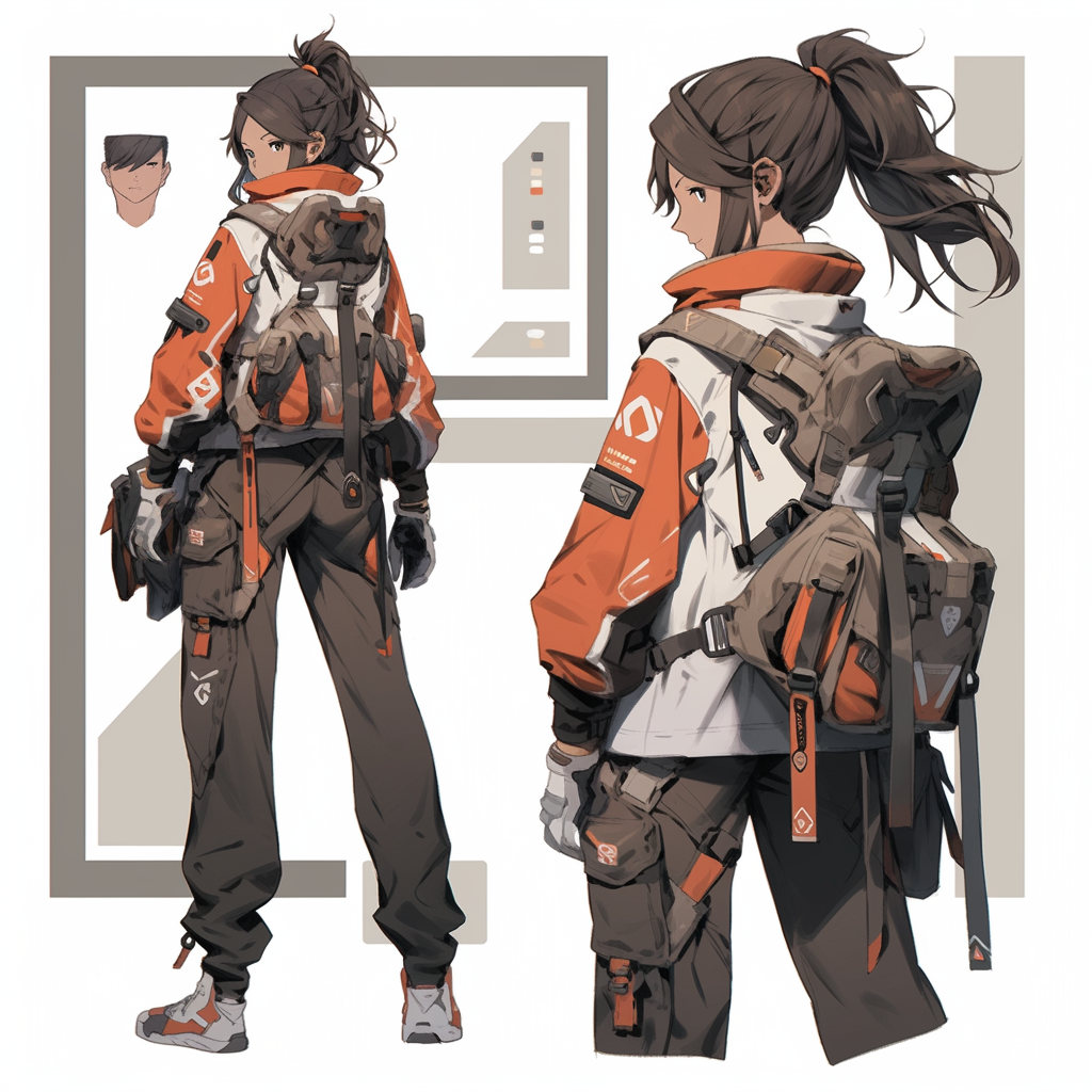 Design sheet for stunning, detailed character in anime style.