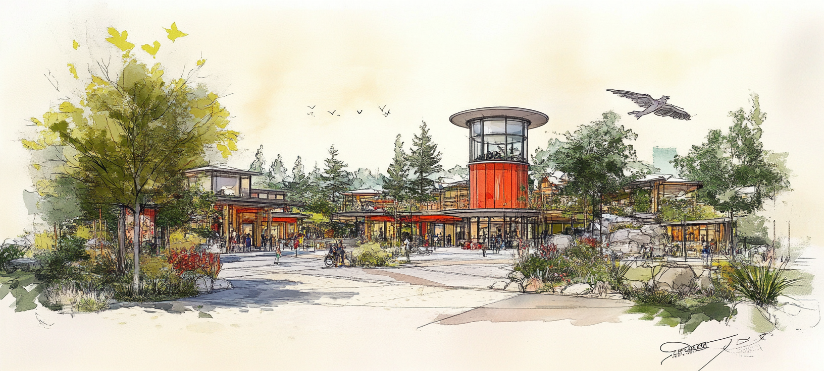 Design sketch of zoo plaza with bike rental building.