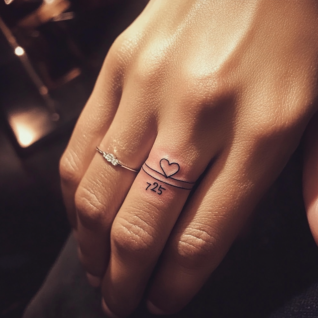 Design thin wedding ring tattoo with heart, numbers 725.