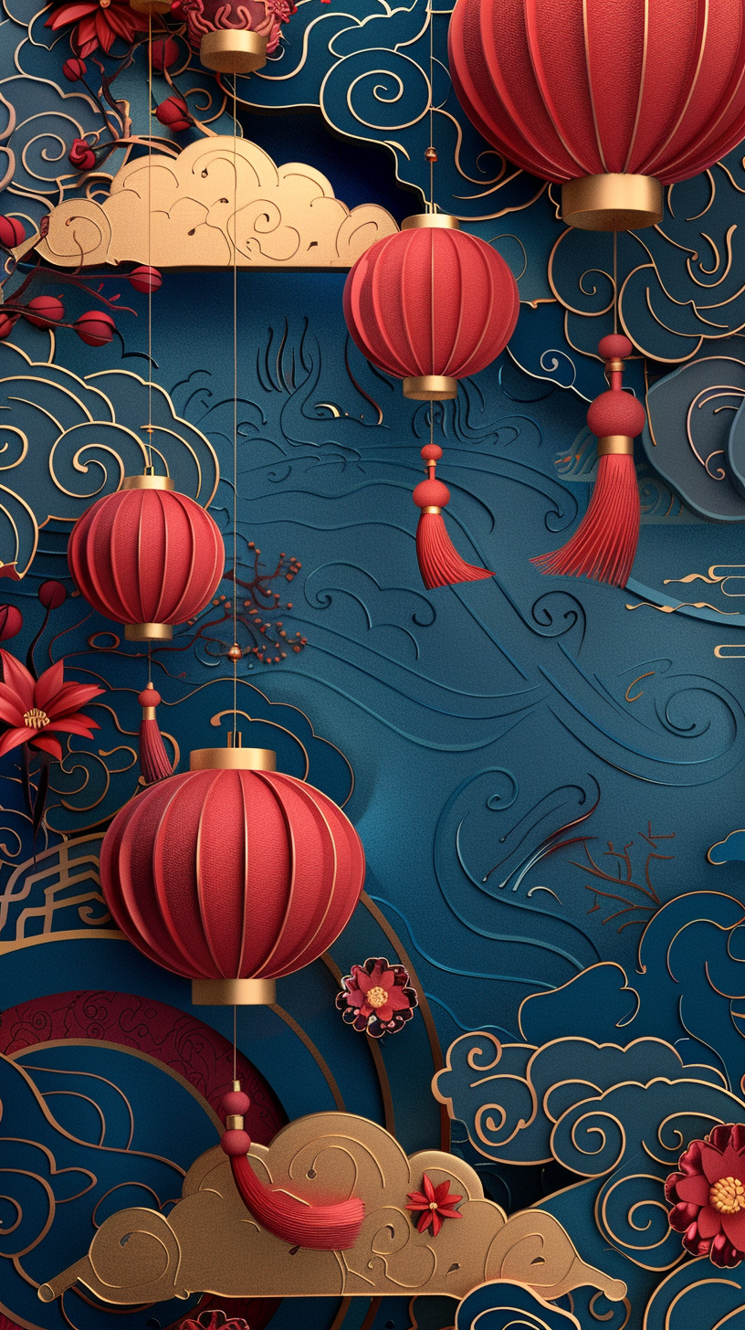 Design vibrant Chinese-themed background; include traditional elements.