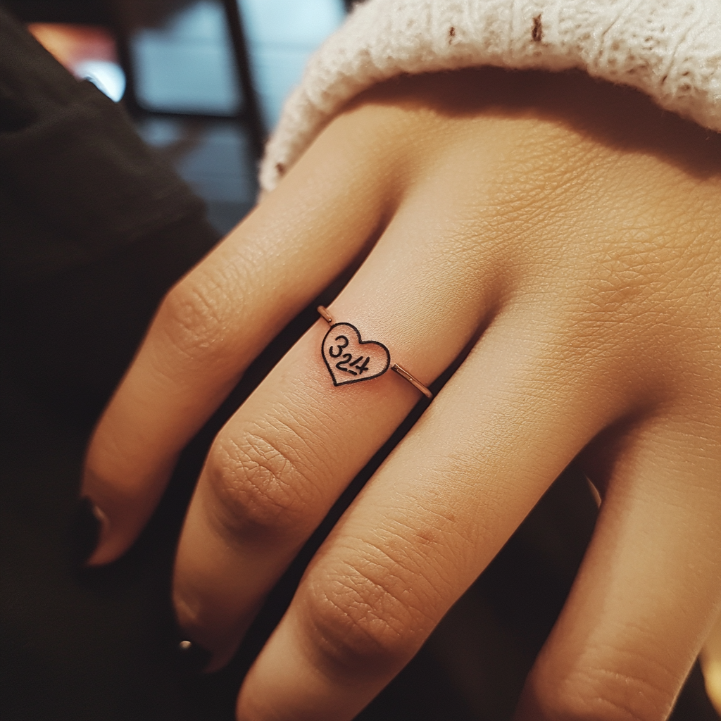 Design wedding ring tattoo with thin lines, heart, 324.