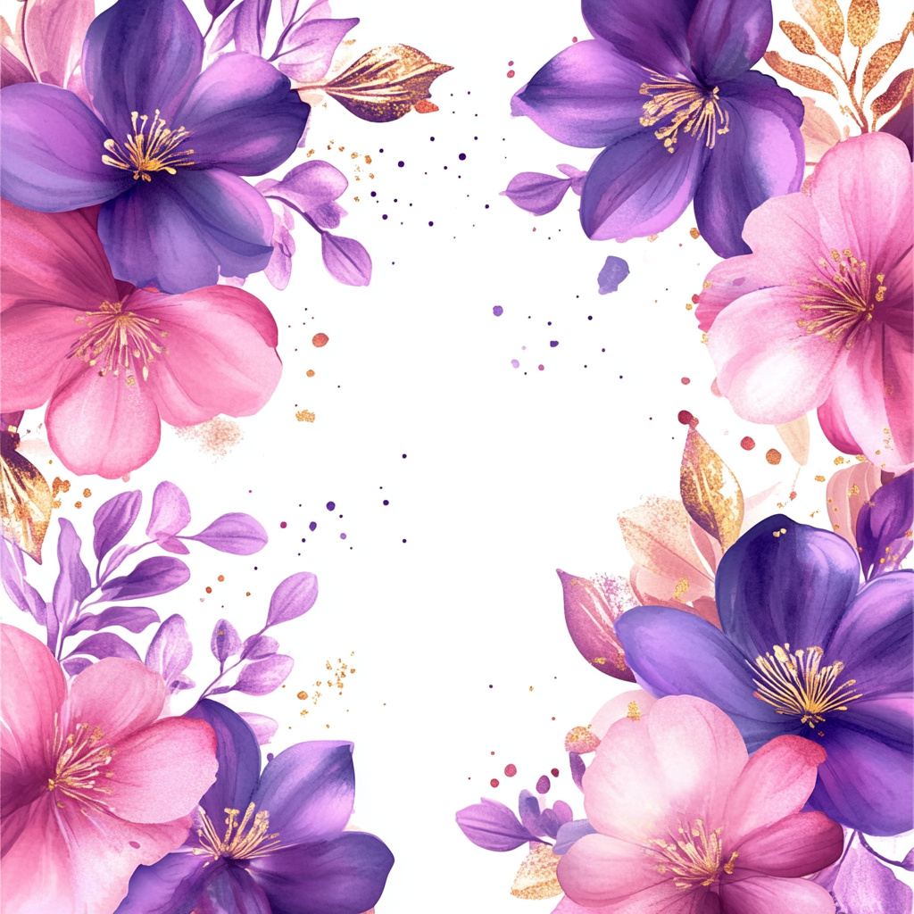 Design with gradient purple and pink flowers with gold accents.