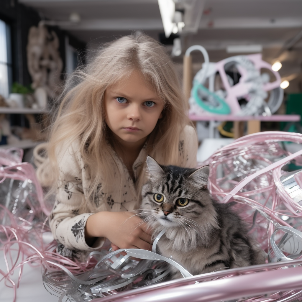 Designer holding fabric with cat in workshop.