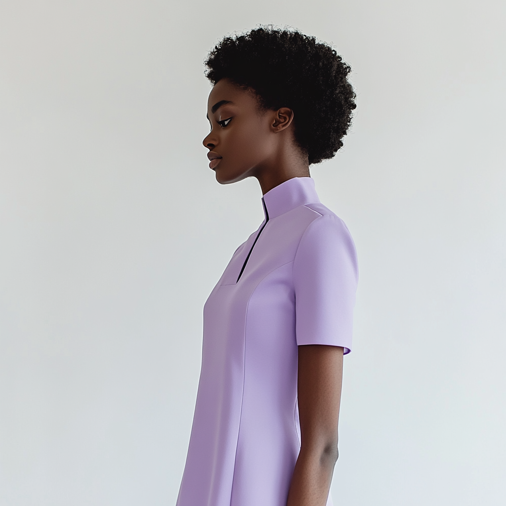 Designer lilac dress with short sleeves, straight cut.