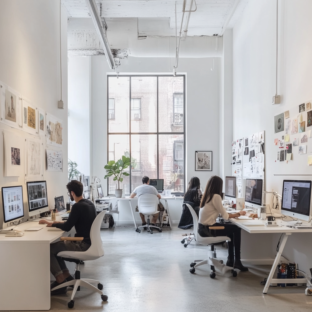 Designers collaborating in minimalist studio with white walls.