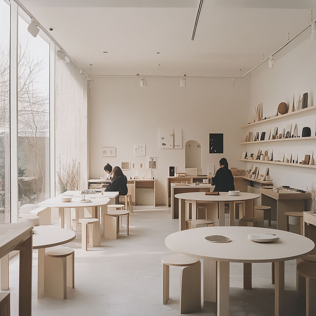 Designers convene at minimalist open studio with round tables.