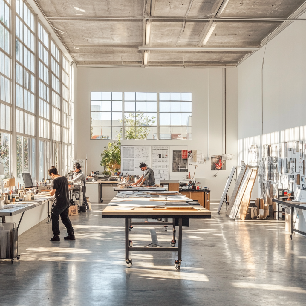 Designers working in modern studio with natural light.