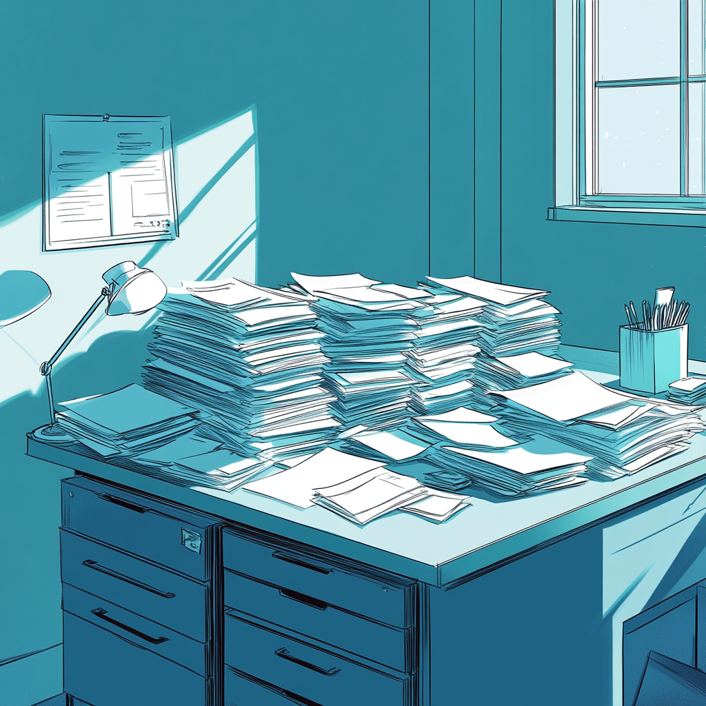 Desk with forms in comic style. Blue theme