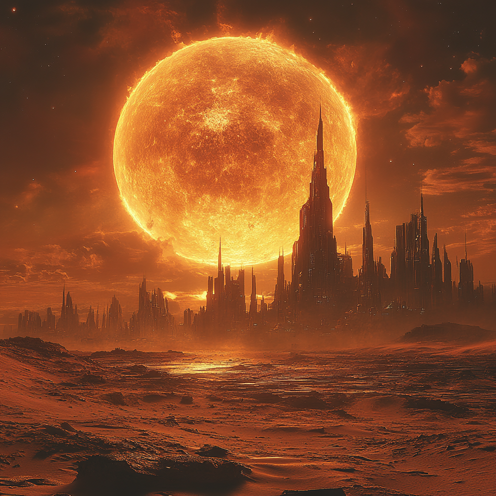 Desolate city in bright desert, space background