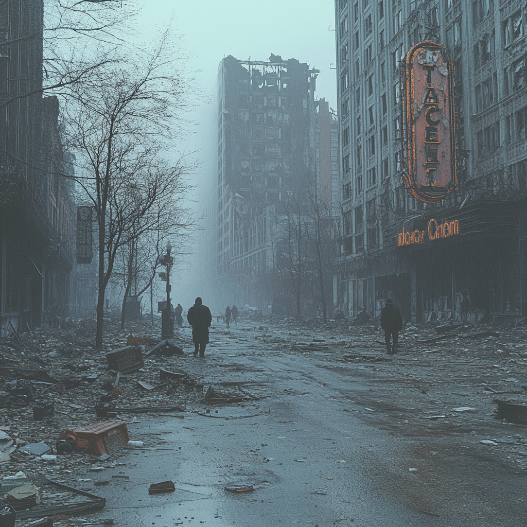 Desolate cityscape, empty streets, somber atmosphere, urban decay.