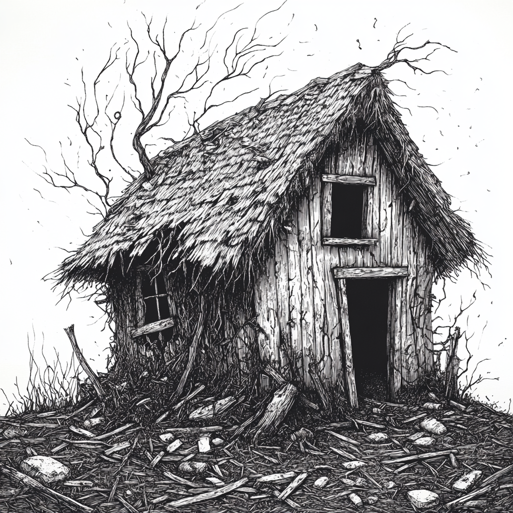 Desolate hut with cracked roof, eerie presence.