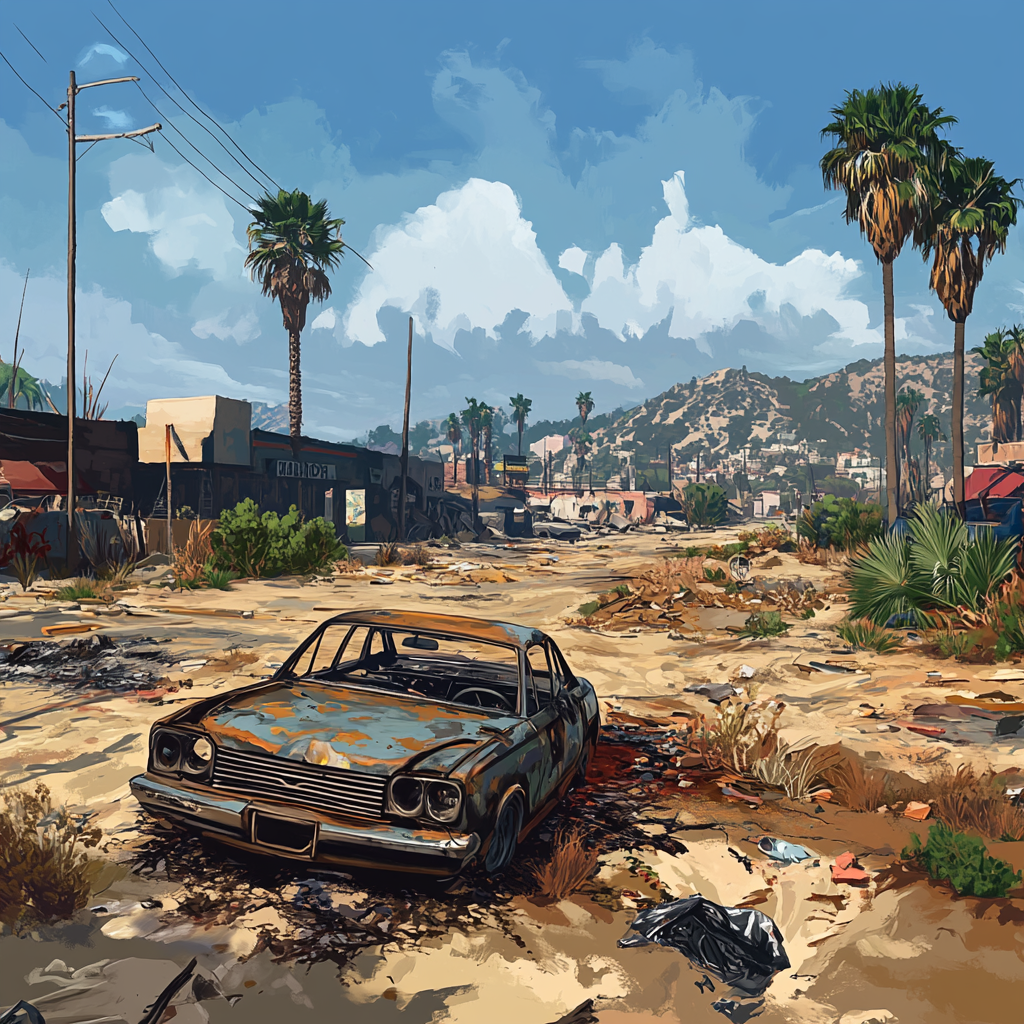 Desolate landscape with burned-out car and destruction in GTA V.