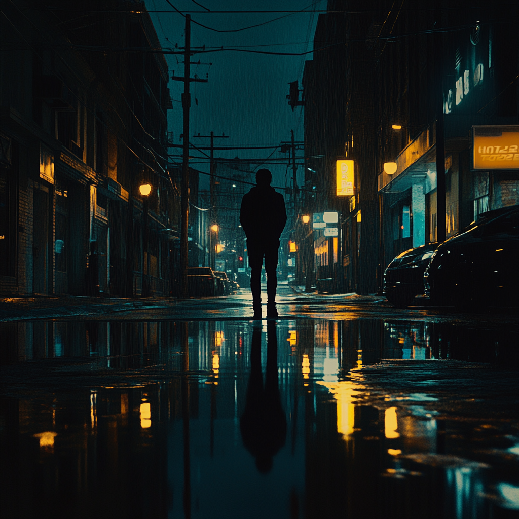 Desolate person in rain under streetlights at night