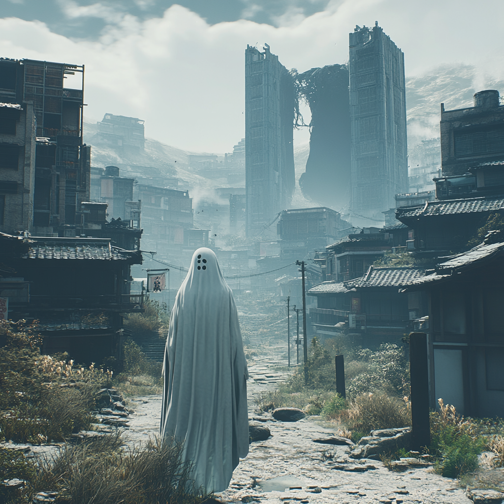 Desolate wilderness with giant, ghost, and alien. Edo period cityscape. Surreal 4k photography.