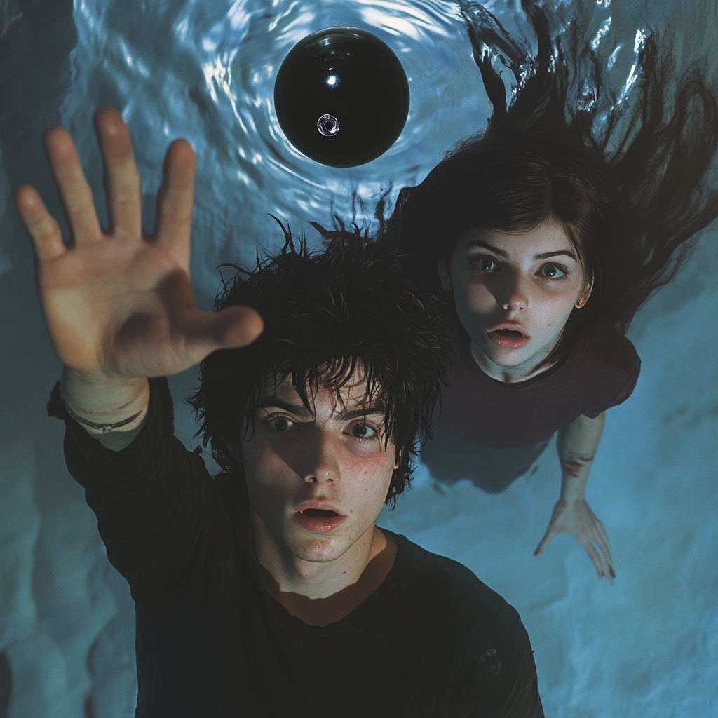 Desperate teenage boy with black hole, girl floats.