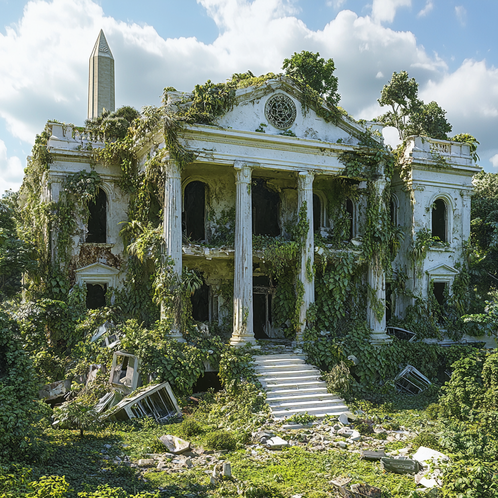 Destroyed White House and Lincoln Monument in DC.