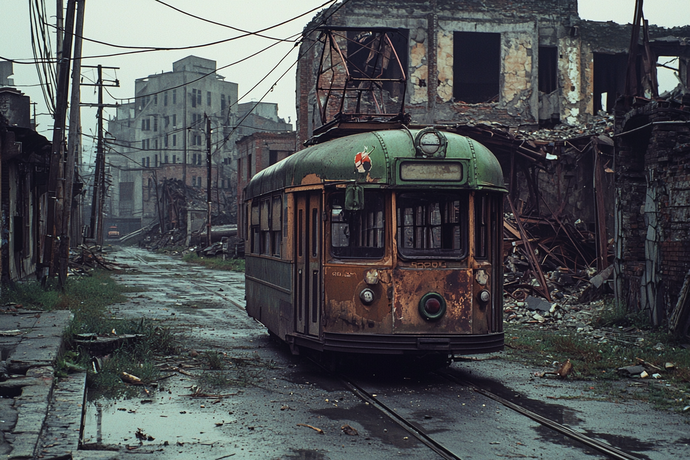 Destroyed buildings, old trolley car, wartime street scene.