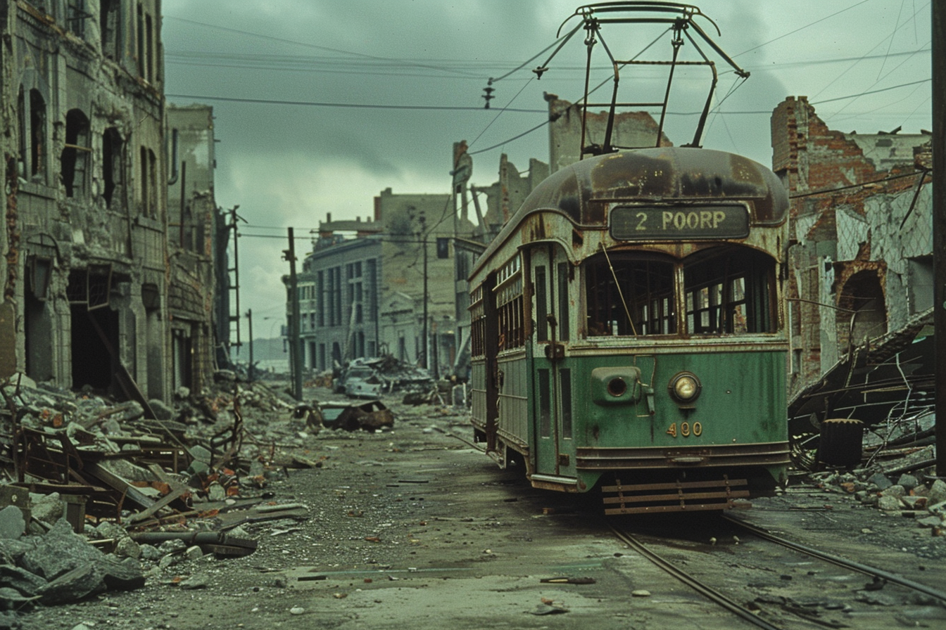 Destroyed buildings in background as old trolley car passes.