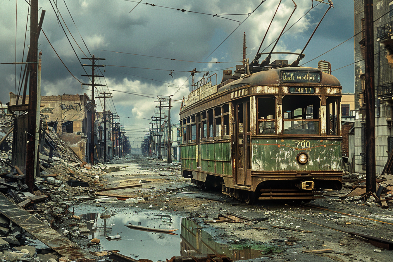 Destroyed buildings on background, old trolley car.