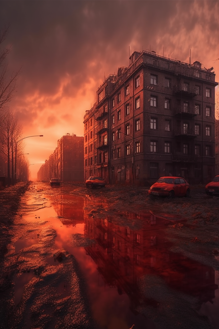 Destroyed city with red sky and reflective puddles.