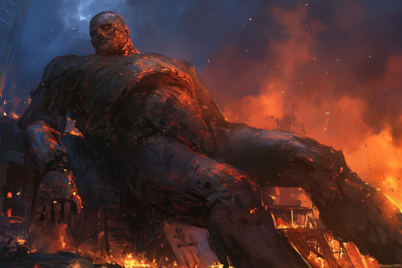 Destroyed cybernetic man in fiery, stormy town + horror art.