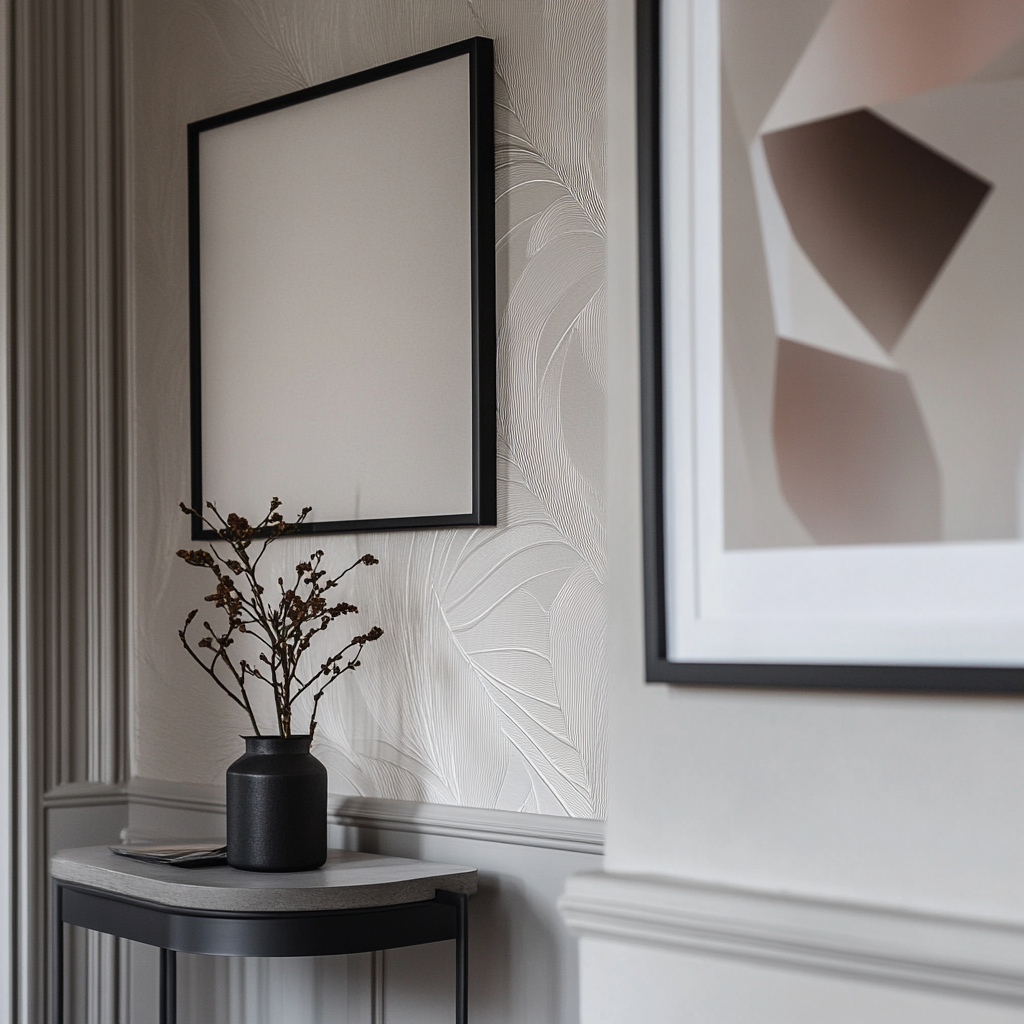 Detail of hallway wallpaper with small table corner visible.