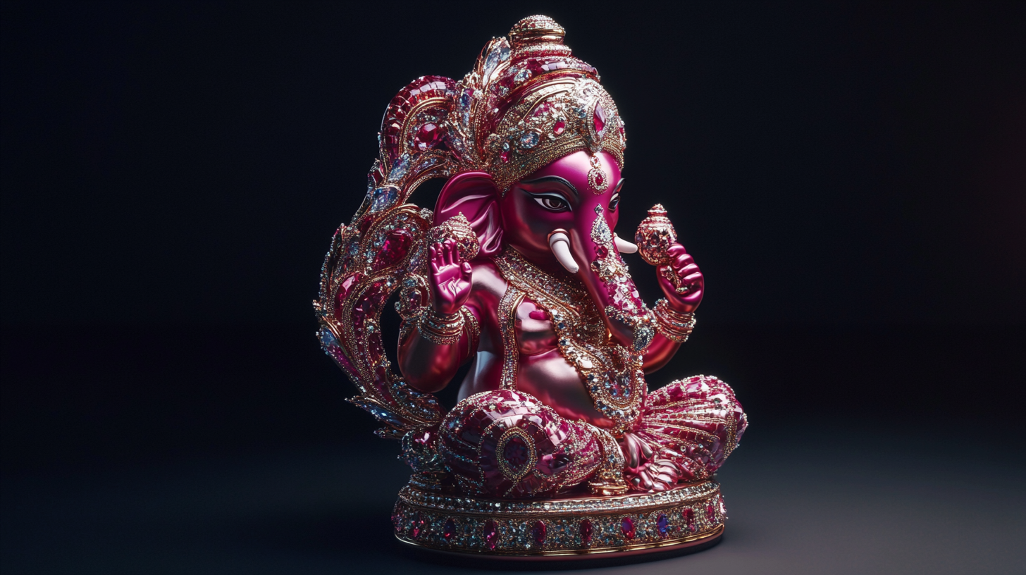 Detail-rich red ruby Ganpati idol in 8k resolution.