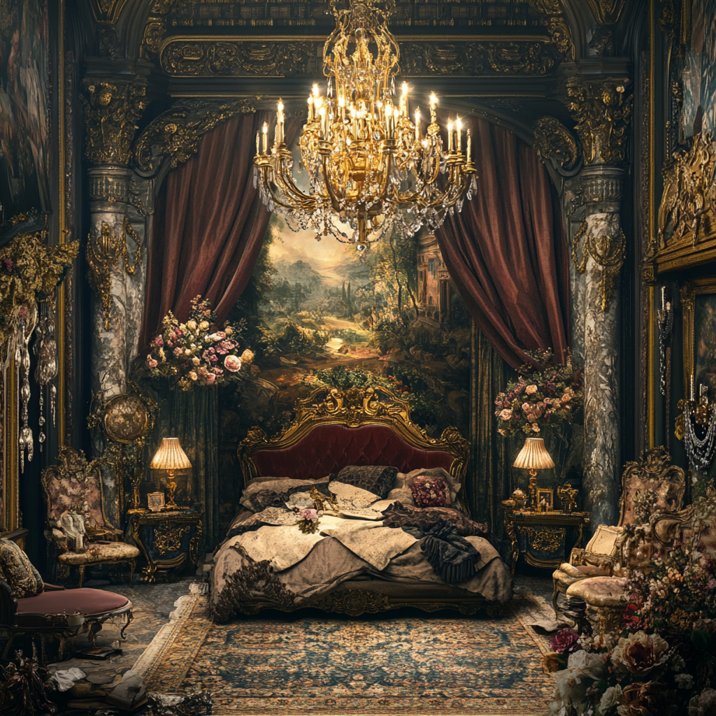 Detailed, dreamlike scene in luxurious room with deep desires.