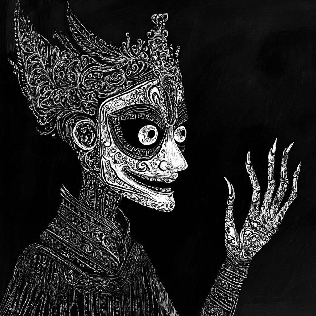 Detailed, eerie Edward Gorey-style shadow puppet illustration