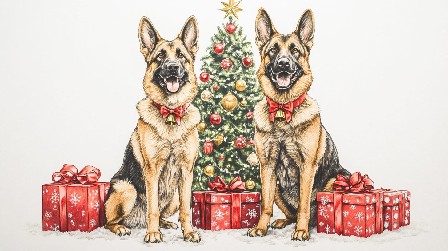 Detailed, hand-drawn picture of two happy dogs.