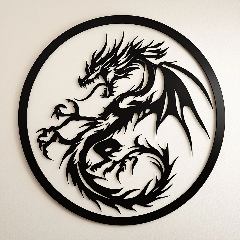 Detailed, high-contrast metal dragon art on light wall.