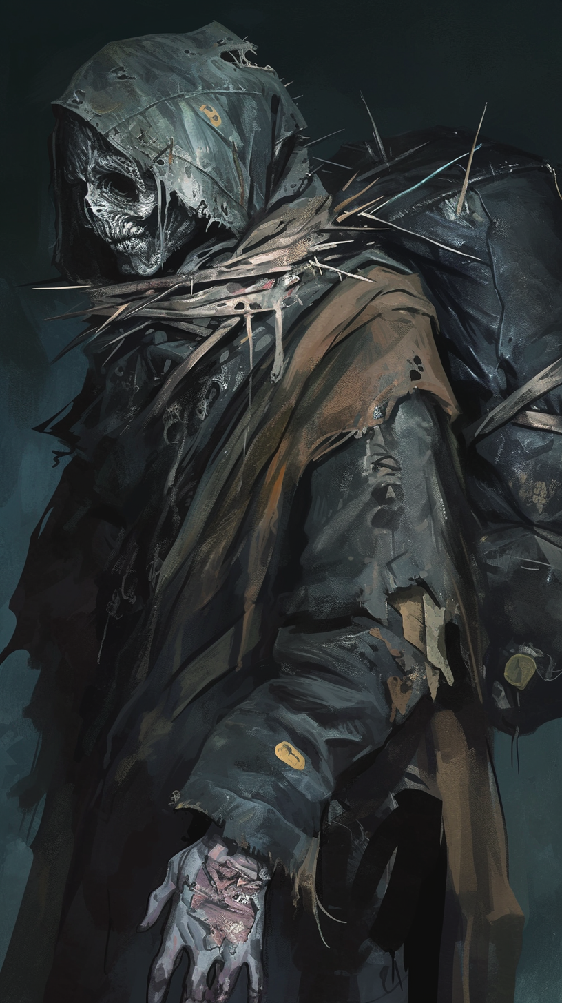 Detailed, horror artwork of a disheveled man in darkness.