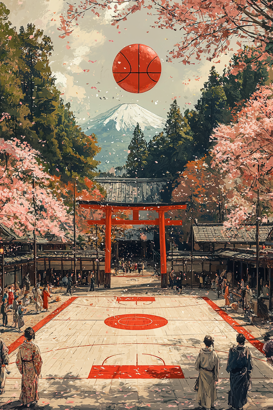 Detailed, photorealistic basketball court with cherry blossoms, lanterns, locals.