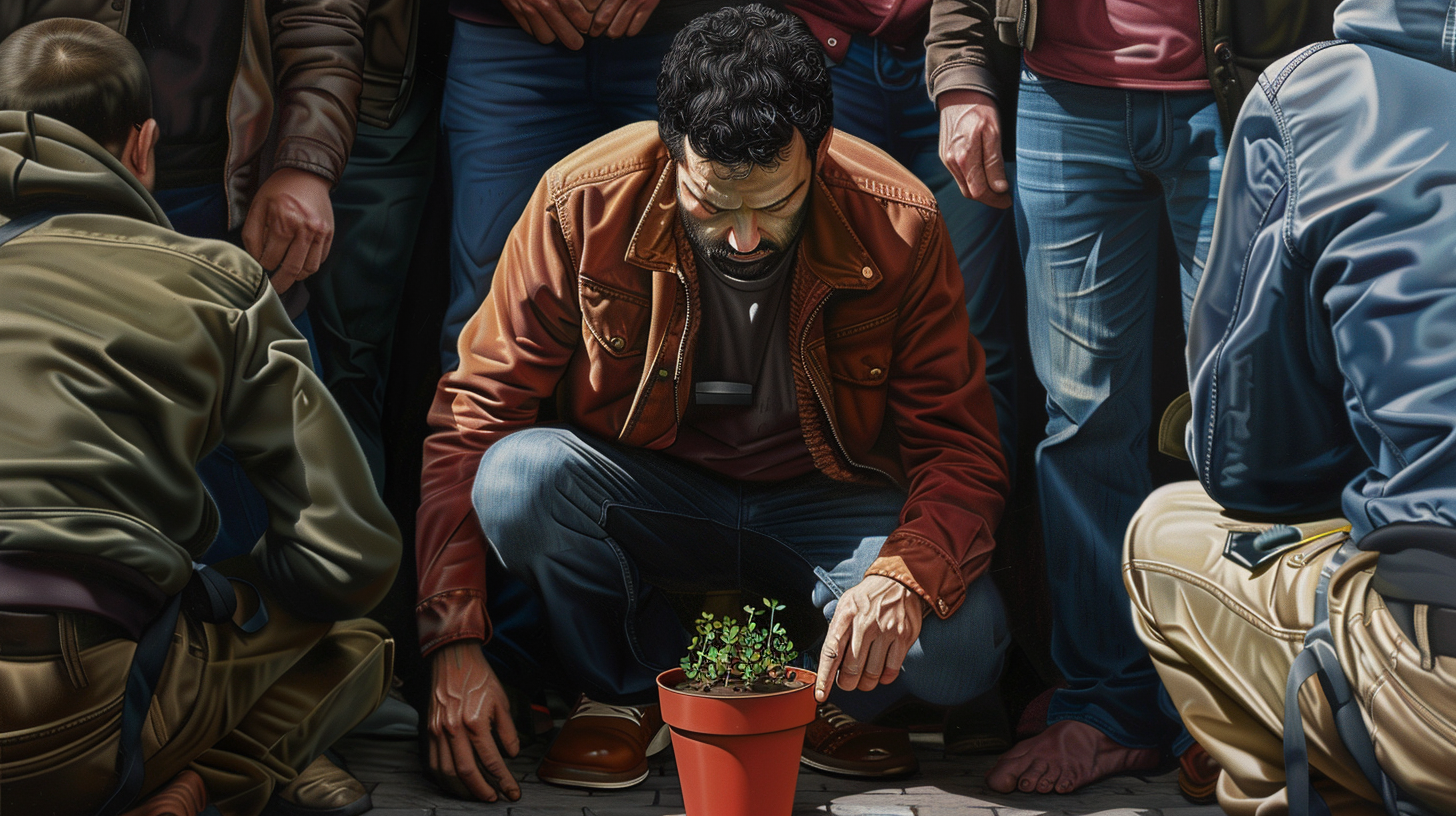 Detailed, photorealistic portrait of man looking at empty pot.