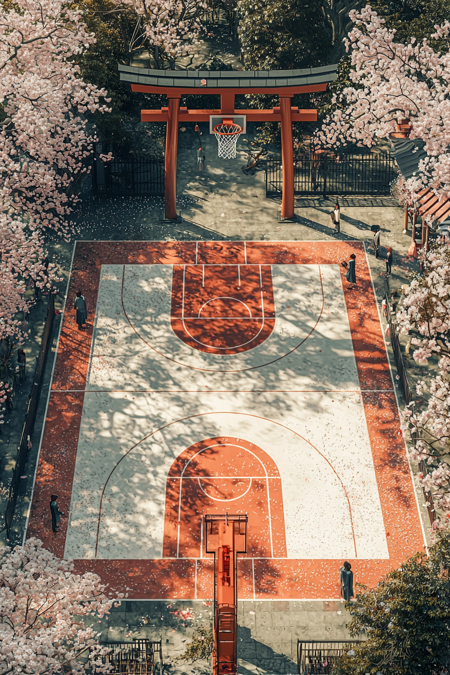 Detailed, realistic tatami basketball court with cherry blossom trees.