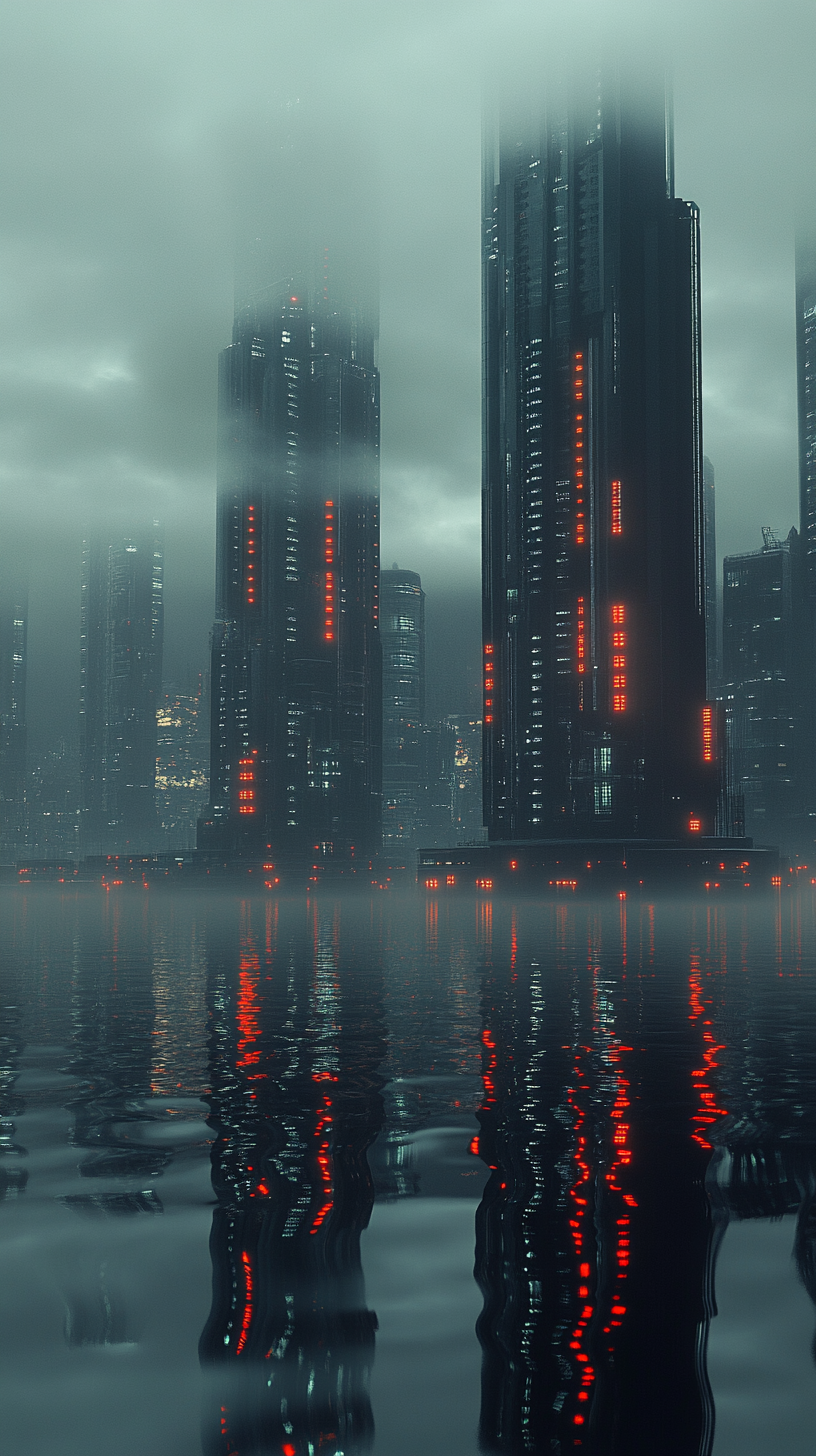 Detailed, reflective, dystopian waterfront at night in 8K.