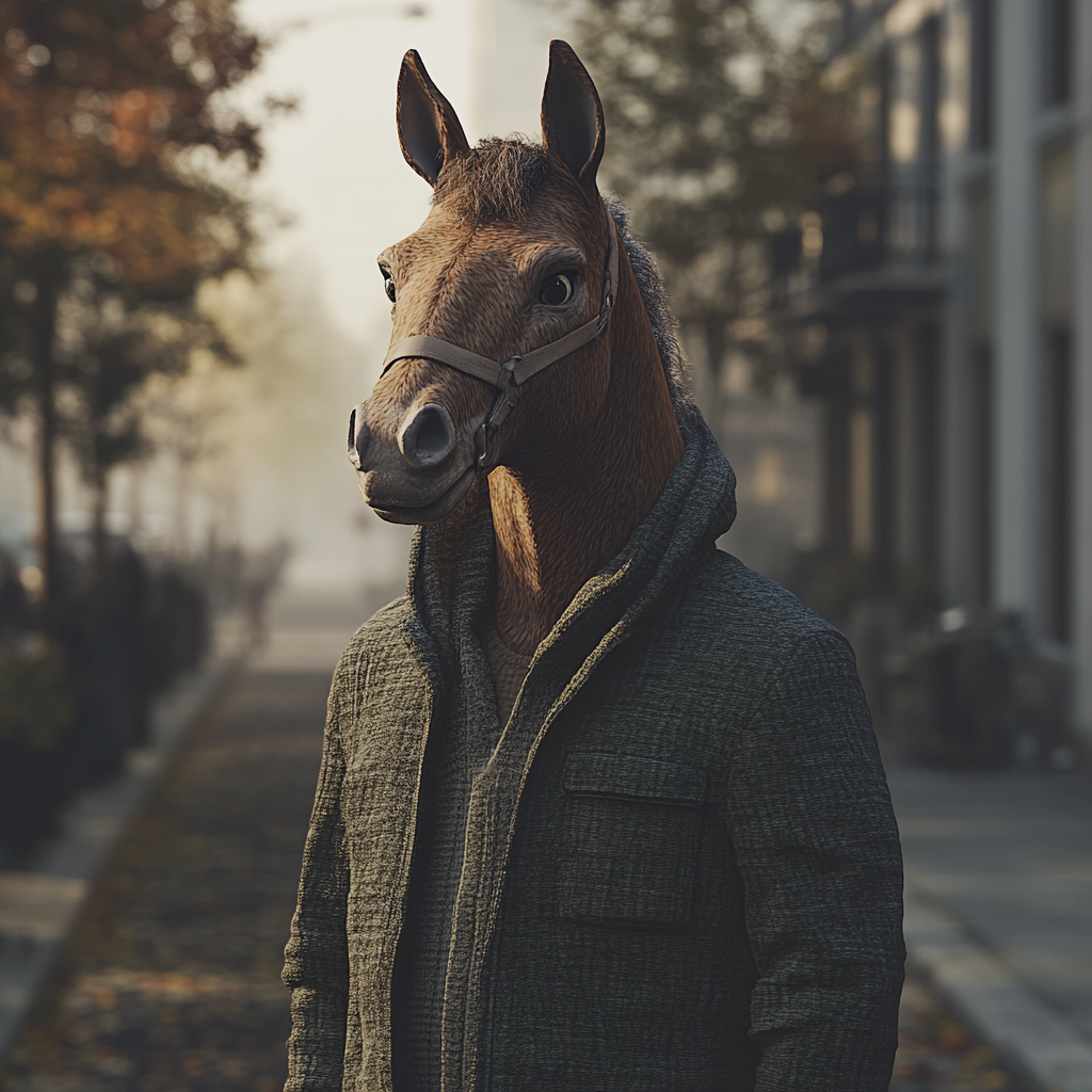 Detailed, surreal image of horse-headed human figure.