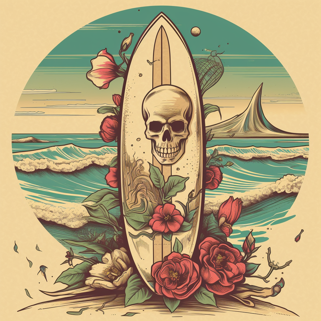 Detailed, vibrant beach scene with skull, rose, surfboard, skateboard.