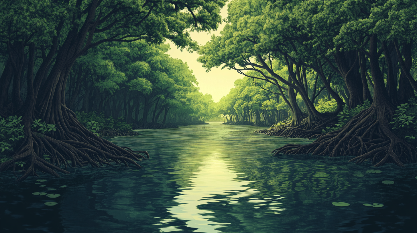 Detailed 18th century mangrove forest illustration in 16:9 ratio.