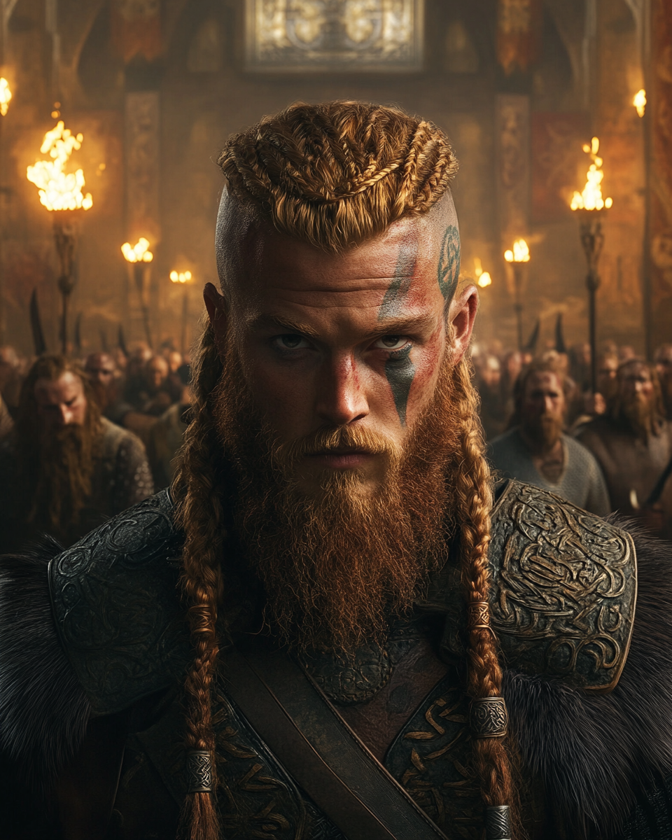 Detailed 35mm photorealistic face view of tall Viking.