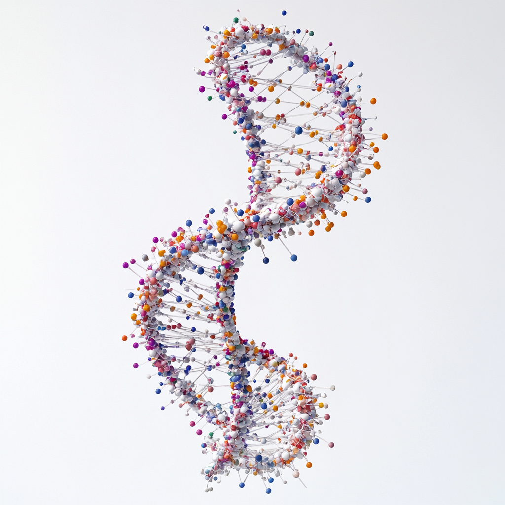 Detailed 3D DNA double helix structure on white background.