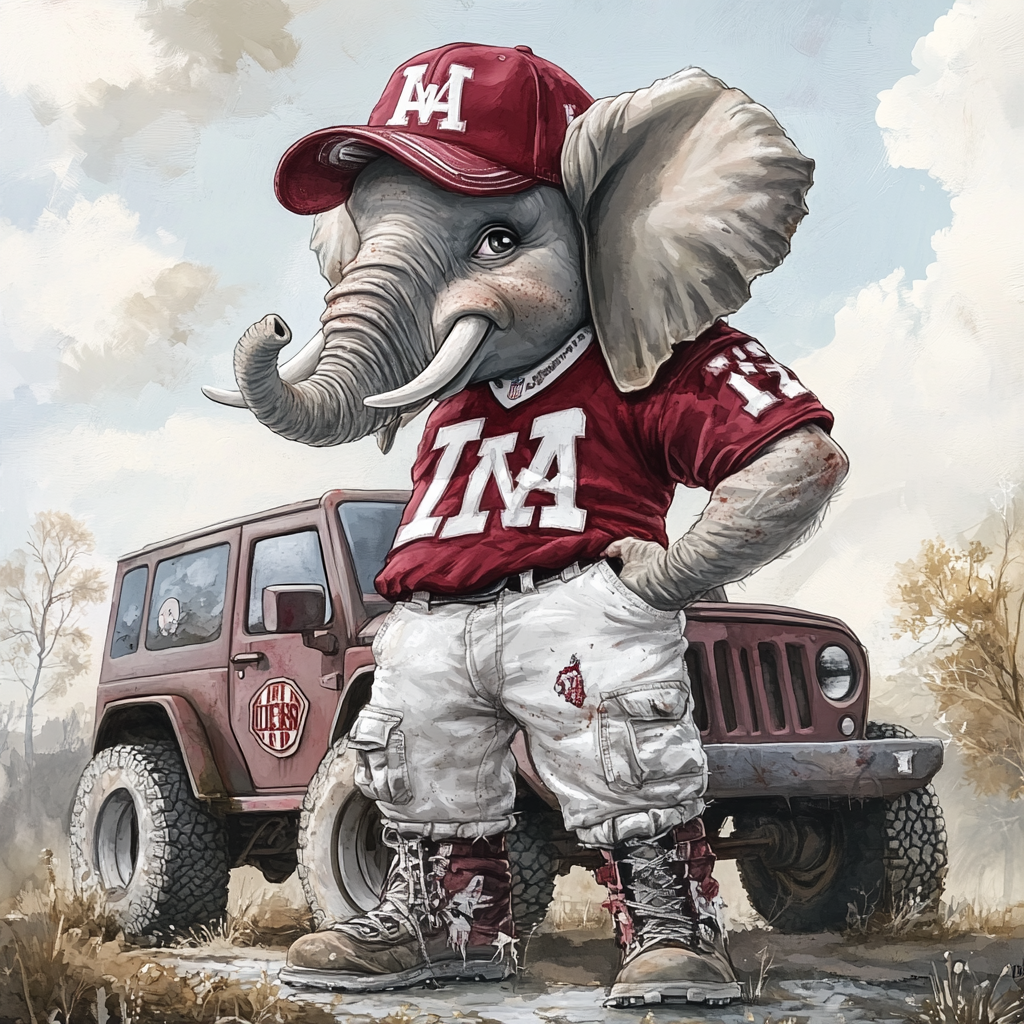 Detailed 3D illustration of Alabama Crimson Tide elephant caricature.