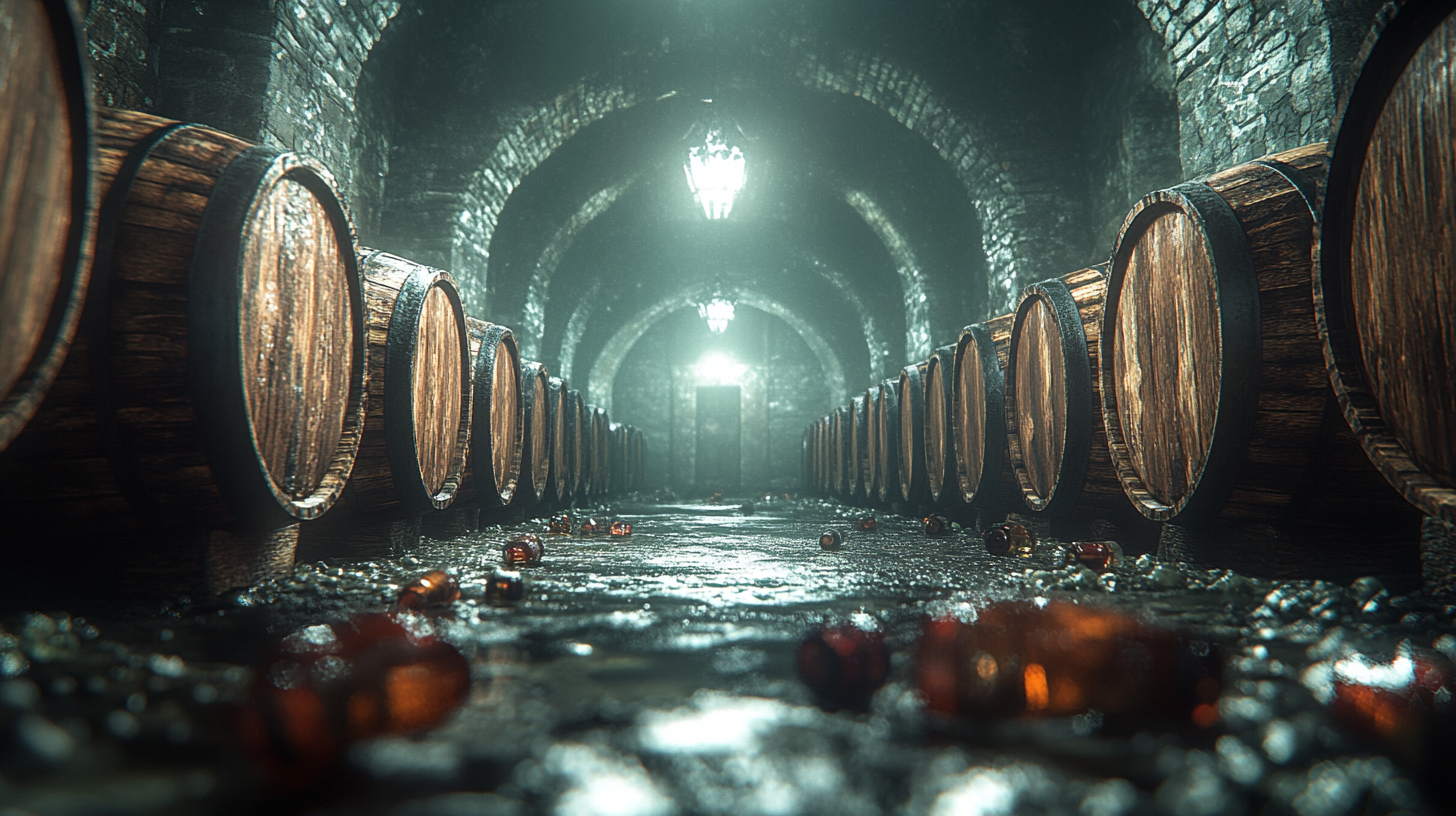 Detailed 8K photo of bourbon barrels in cellar.