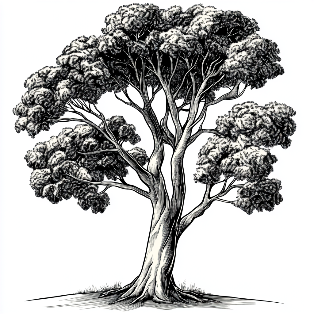 Detailed Australian Jarrah tree with thick trunk and shading.