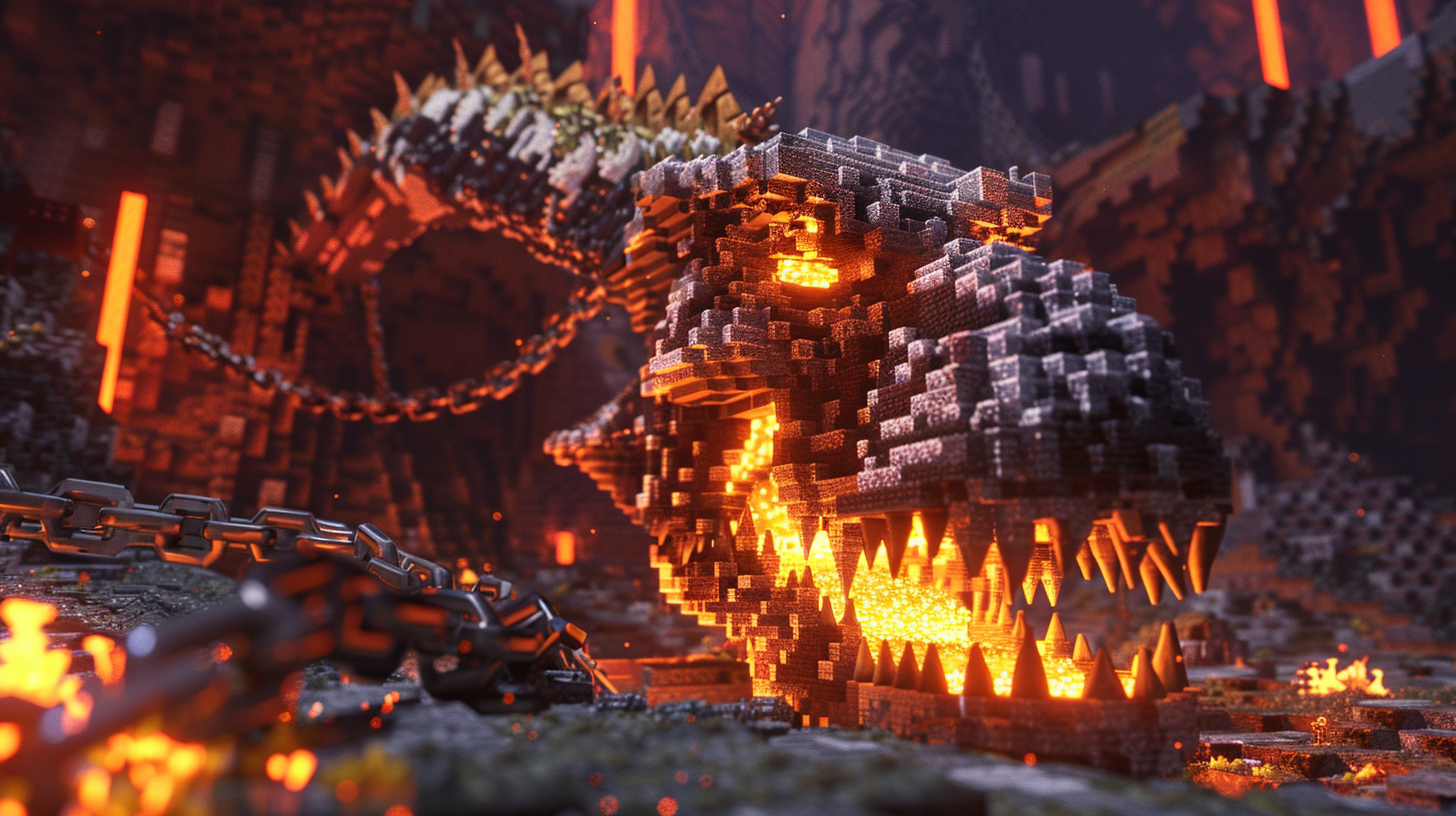 Detailed Balerion skull in Minecraft dungeon with fiery glowstones.