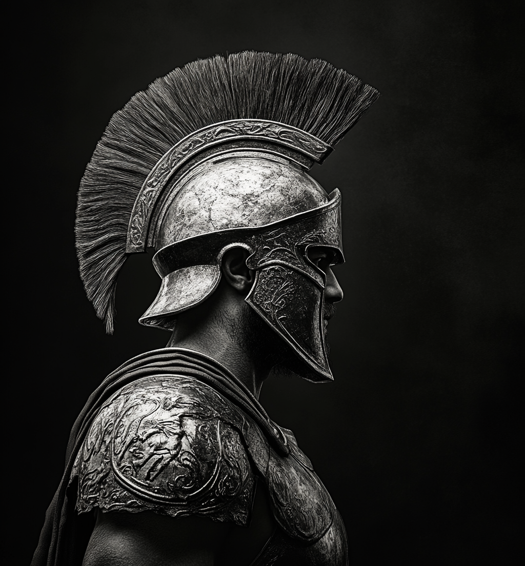 Detailed Black and White Ancient Greek Soldier Portrait